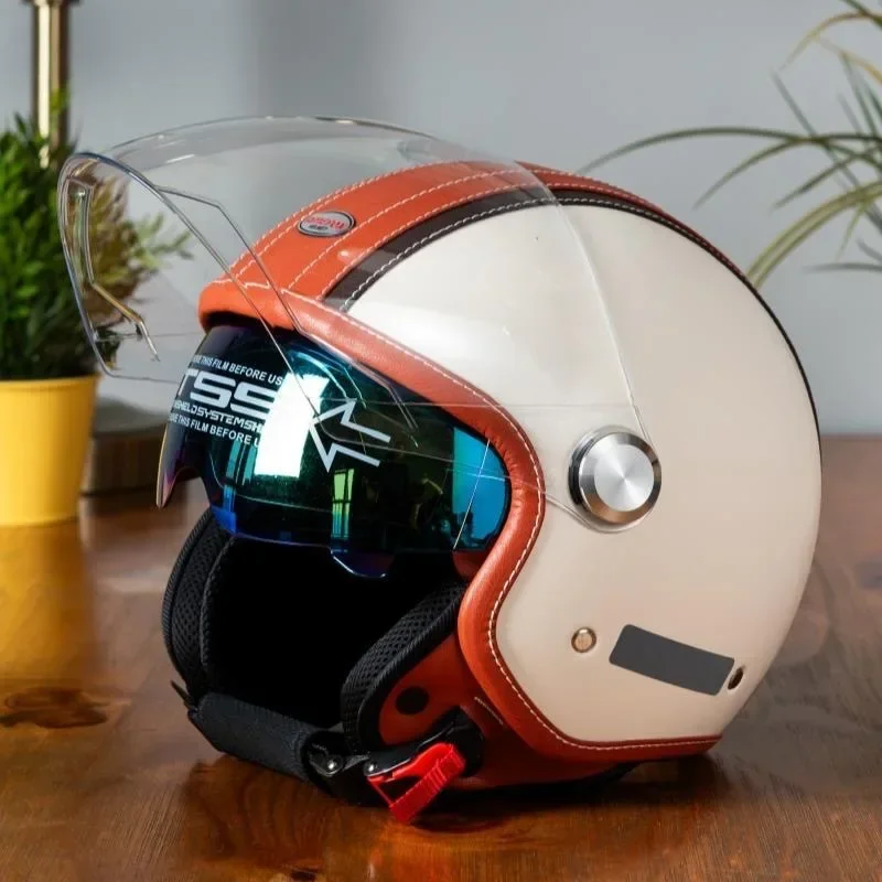 Vintage Open Face Retro Helmet - Винтажный кожаный мотошлем с открытым лицом,